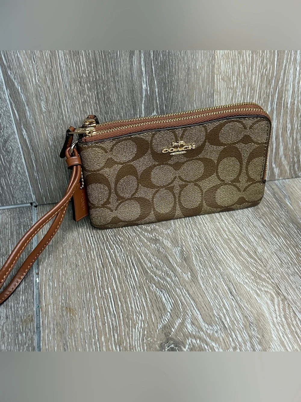 COACH Double Zip Wristlet in Signature Canvas Khaki Saddle Brown Wallet⁠